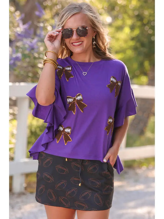 Preorder- Sideline Sparkle Ruffle Top- Purple