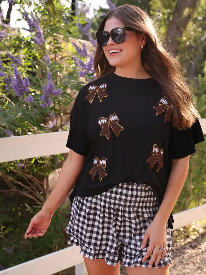 Preorder-Sideline Sparkle Ruffle Top- Black